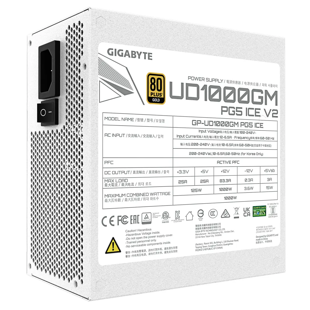 Захранване Gigabyte UD1000GM PG5 V2 ICE, 1000W,  80 Plus Gold, ATX 3.1, PCIe 5.1