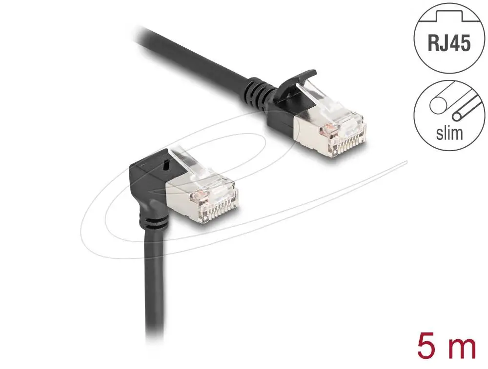 Мрежов кабел Delock RJ45 Cat.6A S/FTP Slim под ъгъл 90° / прав 5 m, черно