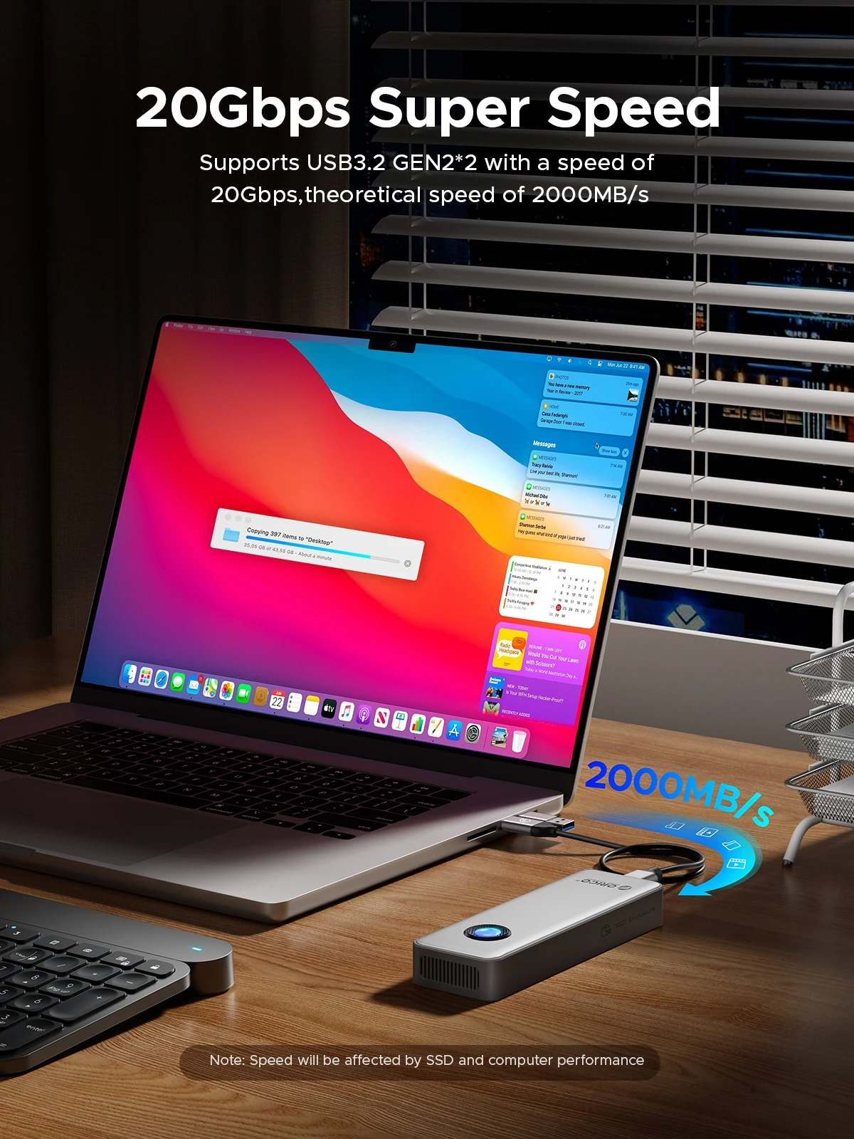 Orico външна кутия за диск Storage - Case - M.2 NVMe M key - USB-C/A, 20Gbps, Built-in Air Cooling, Aluminium - OUM2-G20-SV