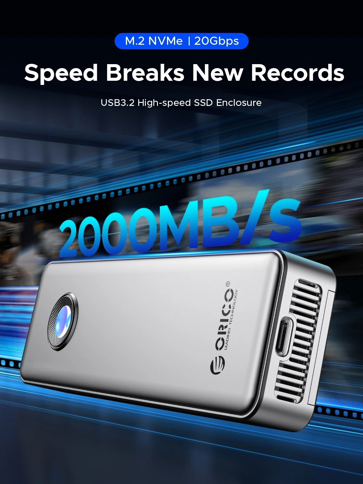 Orico външна кутия за диск Storage - Case - M.2 NVMe M key - USB-C/A, 20Gbps, Built-in Air Cooling, Aluminium - OUM2-G20-SV