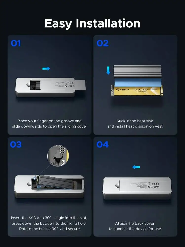 Orico външна кутия за диск Storage - Case - M.2 NVMe M key - USB-C/A, 20Gbps, Built-in Air Cooling, Aluminium - OUM2-G20-SV