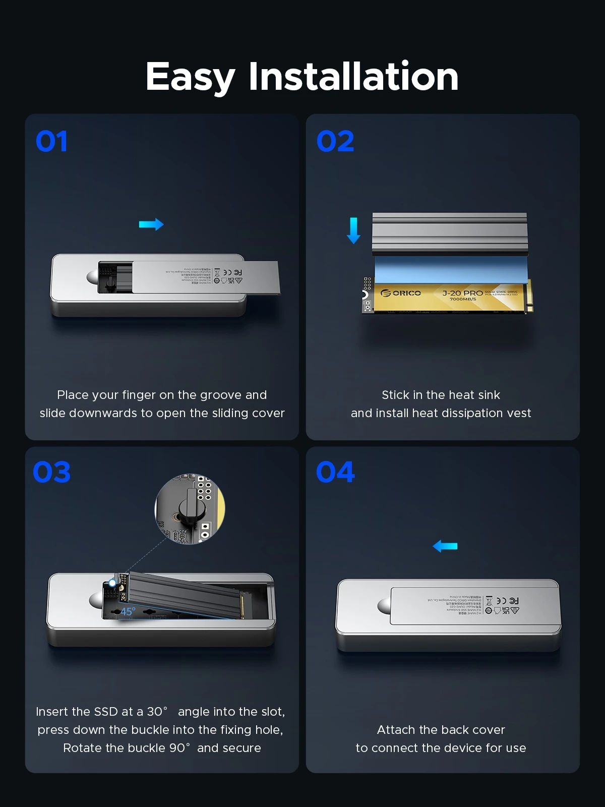 Orico външна кутия за диск Storage - Case - M.2 NVMe M key - USB-C/A, 20Gbps, Built-in Air Cooling, Aluminium - OUM2-G20-SV
