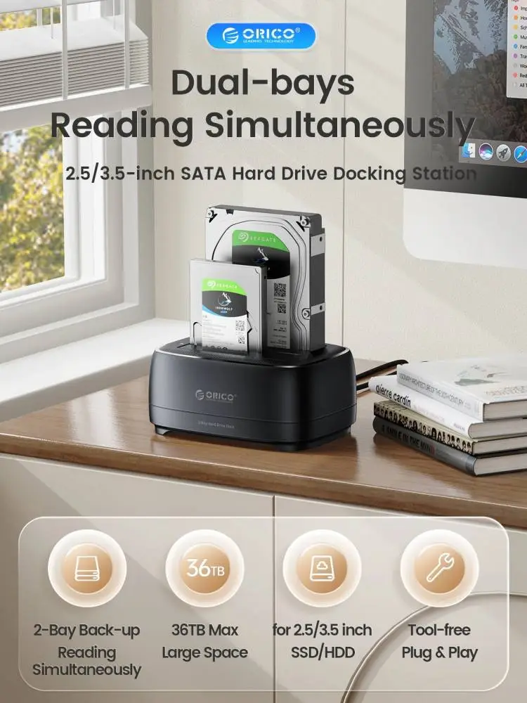 Orico докинг станция Storage - HDD/SSD Dock - 2 BAY Offline Clone 2.5/3.5 USB-C/USB-A - DD28C3-C