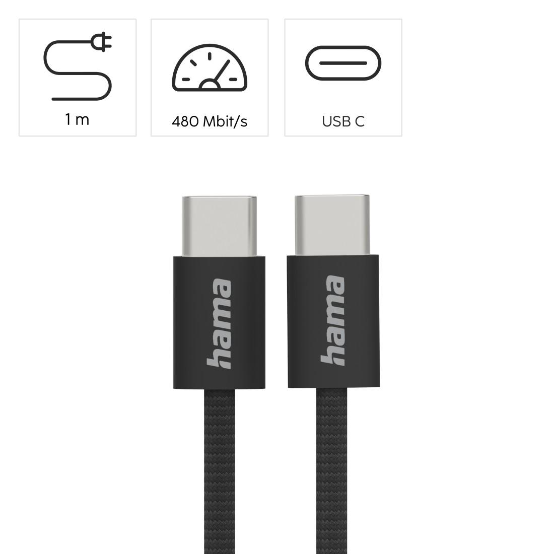 HAMA Кабель для зарядки "Fabric", USB-C - USB-C, 1 m, Нейлон, чорний