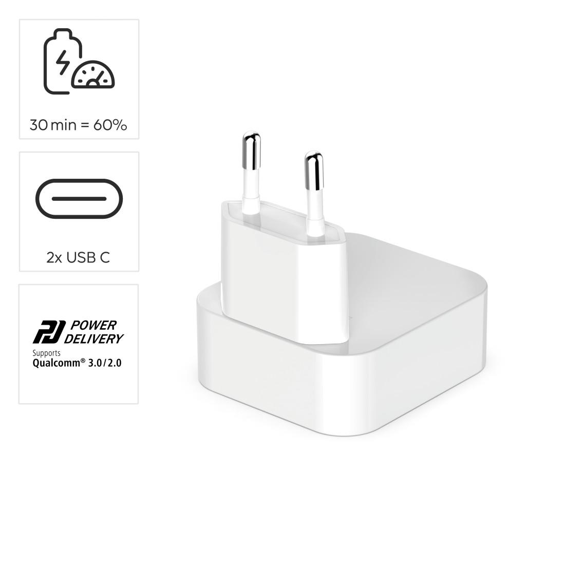 HAMA Schnelles Mini Ladegerät GaN, 2 x USB-C, PD, 40 W, faltbarer Adapter, weiß