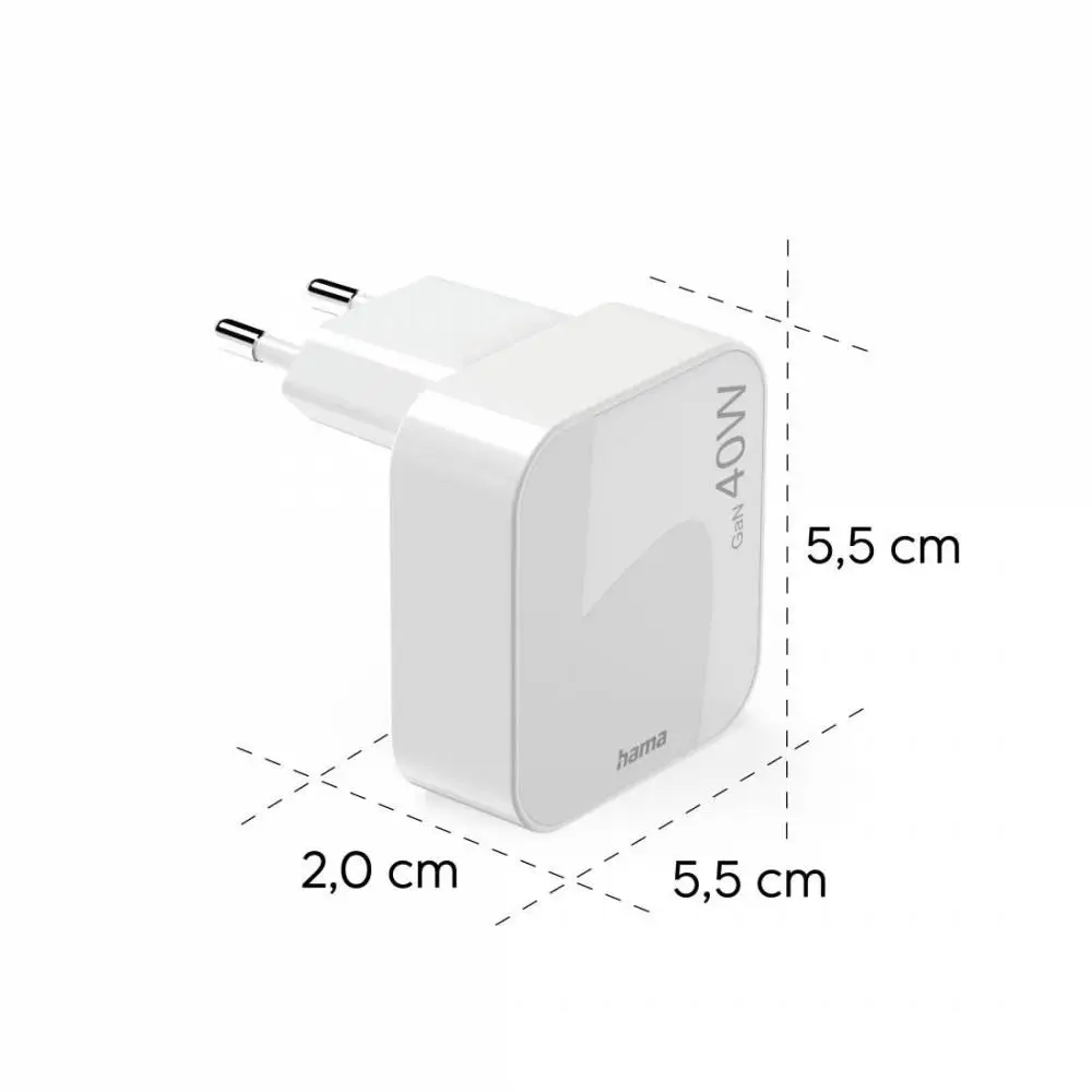 HAMA Schnelles Mini Ladegerät GaN, 2 x USB-C, PD, 40 W, faltbarer Adapter, weiß