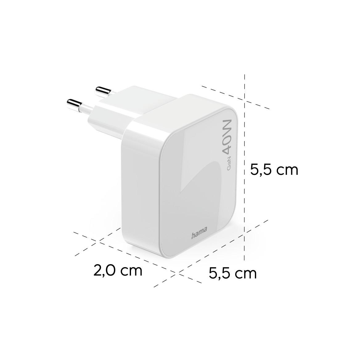 HAMA Schnelles Mini Ladegerät GaN, 2 x USB-C, PD, 40 W, faltbarer Adapter, weiß