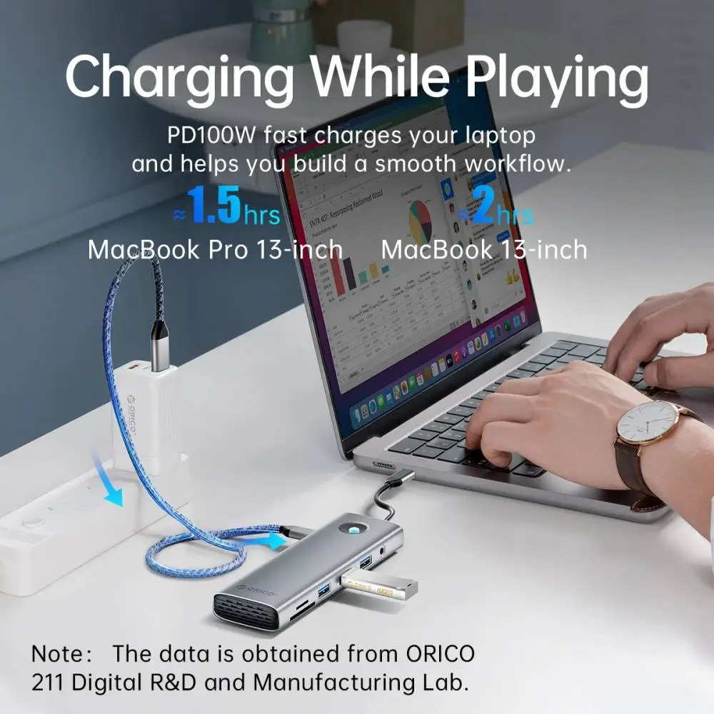 Orico докинг станция Docking Station Type-C - PW11-9P-GY-EP - HDMI x 1, VGA x 1, USB3.0 x 3, USB-C PD100W x 1, LAN x 1 (1Gbps), SD/TF