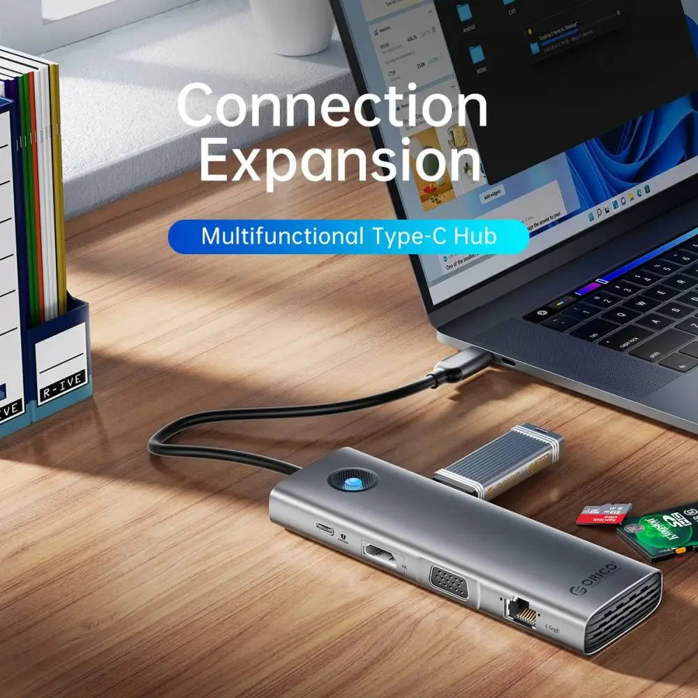 Orico докинг станция Docking Station Type-C - PW11-9P-GY-EP - HDMI x 1, VGA x 1, USB3.0 x 3, USB-C PD100W x 1, LAN x 1 (1Gbps), SD/TF