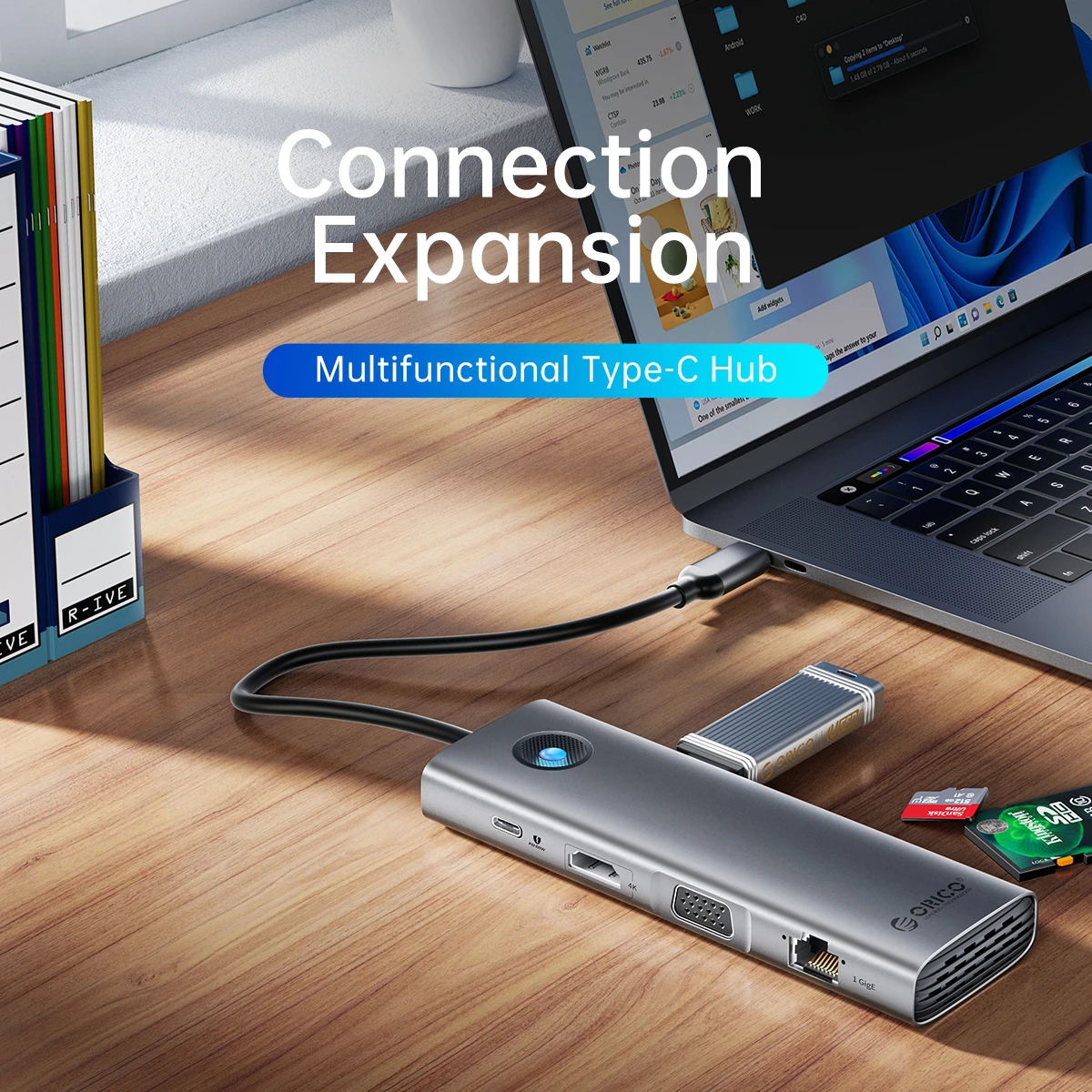 Orico докинг станция Docking Station Type-C - PW11-9P-GY-EP - HDMI x 1, VGA x 1,  USB3.0 x 3, USB-C PD100W x 1, LAN x 1 (1Gbps), SD/TF