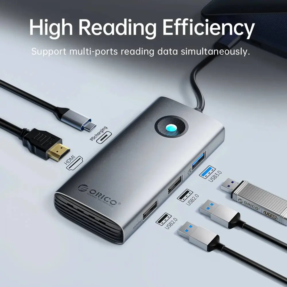 Orico докинг станция Docking Station Type-C - PW11-6PCR-GY-EP - HDMI x 1, USB-C x 1, USB3.0 x 2, USB-C PD100W x 1, LAN x 1 (1Gbps)