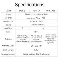 Orico докинг станция Docking Station Type-C - PW11-6P-GY-EP - HDMI x 1, USB-C x 1, USB3.0 x 3, USB-C PD100W x 1