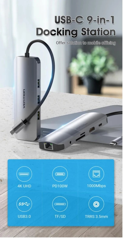 Vention докинг станция Docking Station Type-C - TOLHB - HDMI x 1, USB3.0 x 3, USB-C PD100W x 1, LAN x 1 (1Gbps), SD/TF, Audio