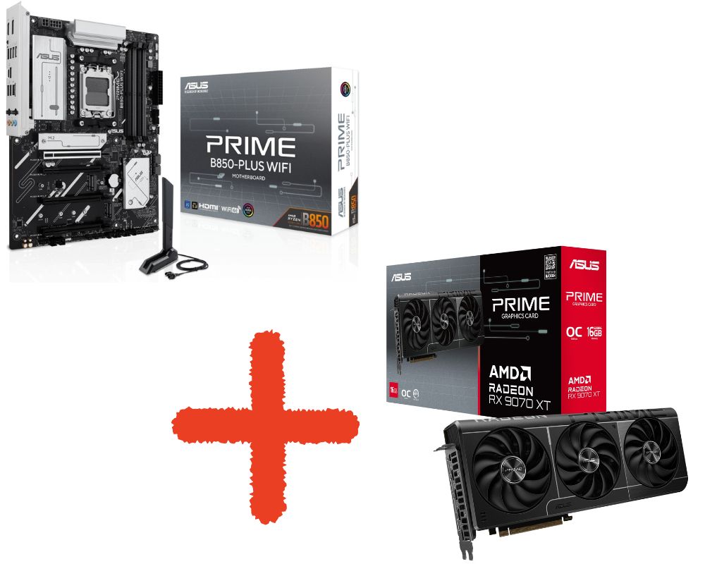 Дънна платка Asus Prime B850 Plus Wi-Fi + Asus Prime RX 9070 XT 16GB GDDR6 OC