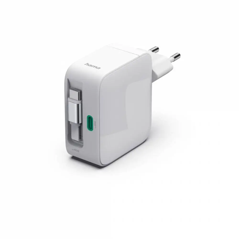 HAMA Бързо зарядно, 65 W, GaN, 2x USB-C, с разтегателен кабел 0.7м, бял