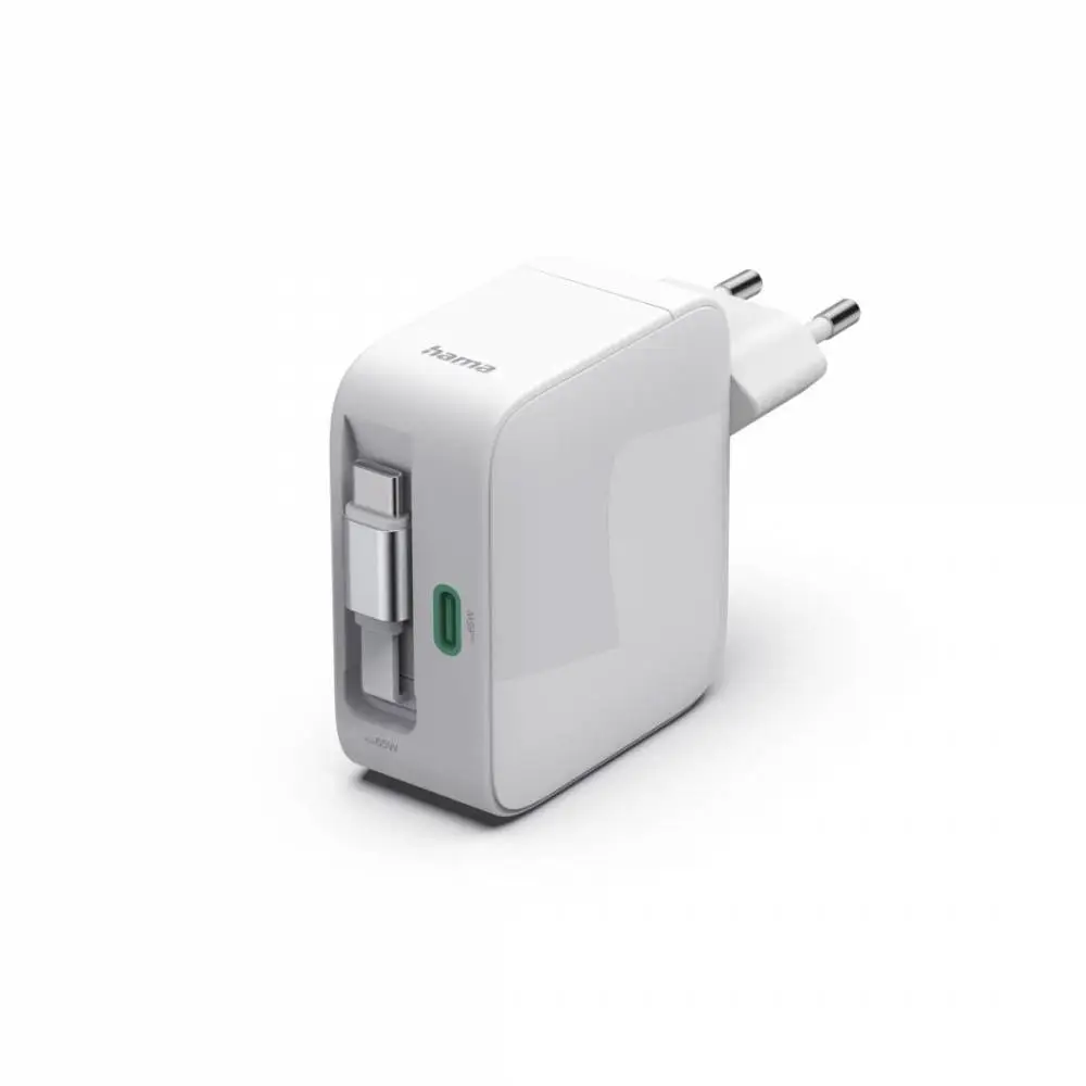 HAMA Бързо зарядно, 65 W, GaN, 2x USB-C, с разтегателен кабел 0.7м, бял