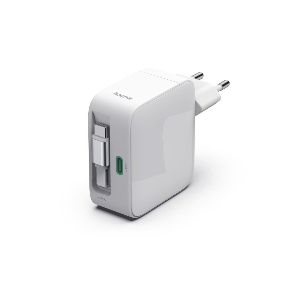 HAMA Бързо зарядно, 65 W, GaN, 2x USB-C, с разтегателен кабел 0.7м, бял