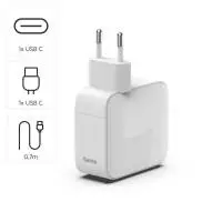 HAMA Бързо зарядно, 65 W, GaN, 2x USB-C, с разтегателен кабел 0.7м, бял