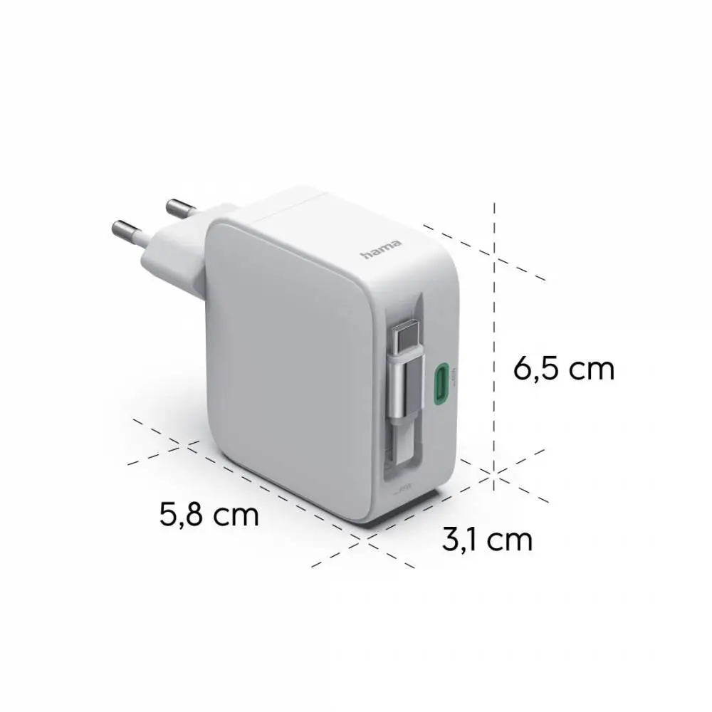 HAMA Бързо зарядно, 65 W, GaN, 2x USB-C, с разтегателен кабел 0.7м, бял