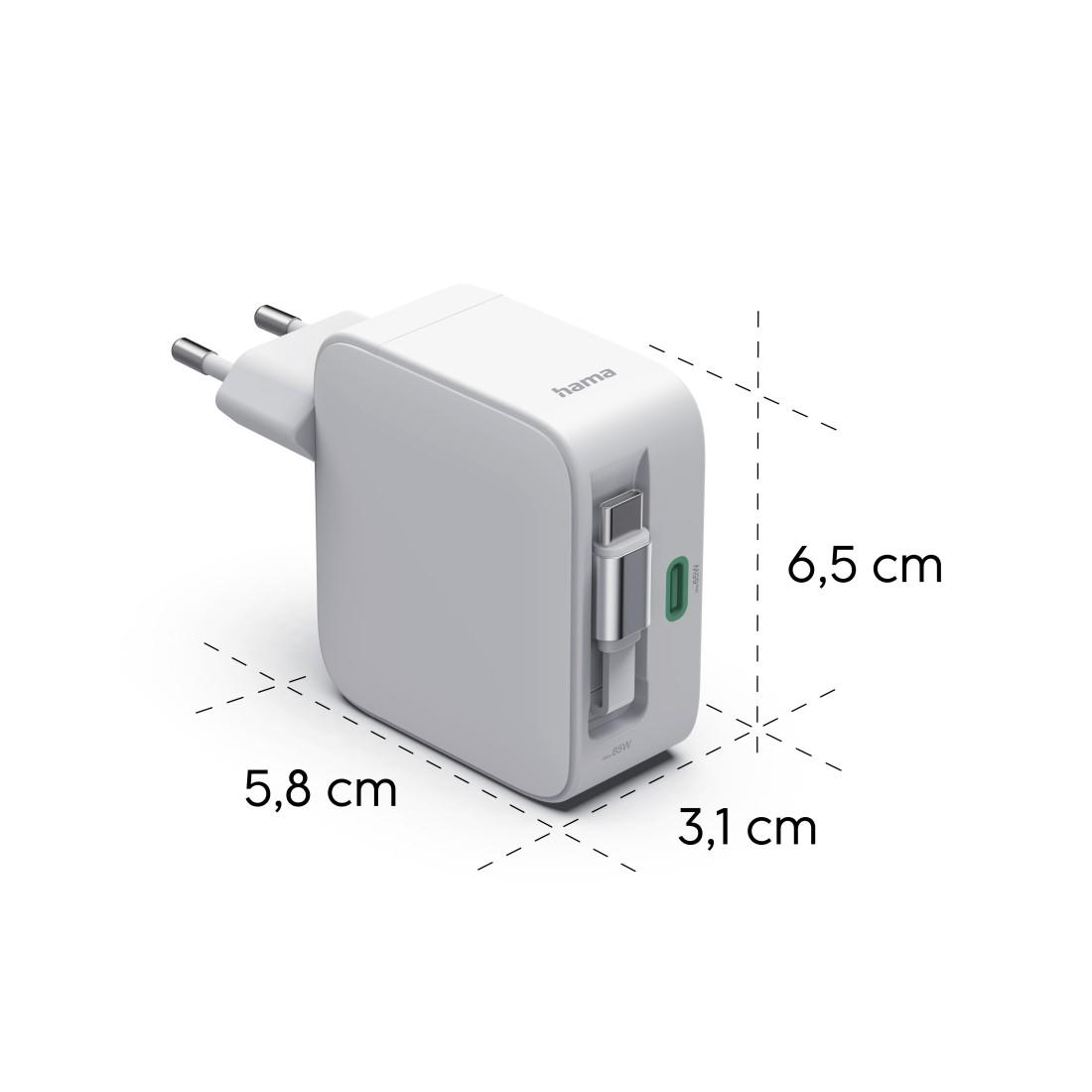 HAMA Бързо зарядно, 65 W, GaN, 2x USB-C, с разтегателен кабел 0.7м, бял