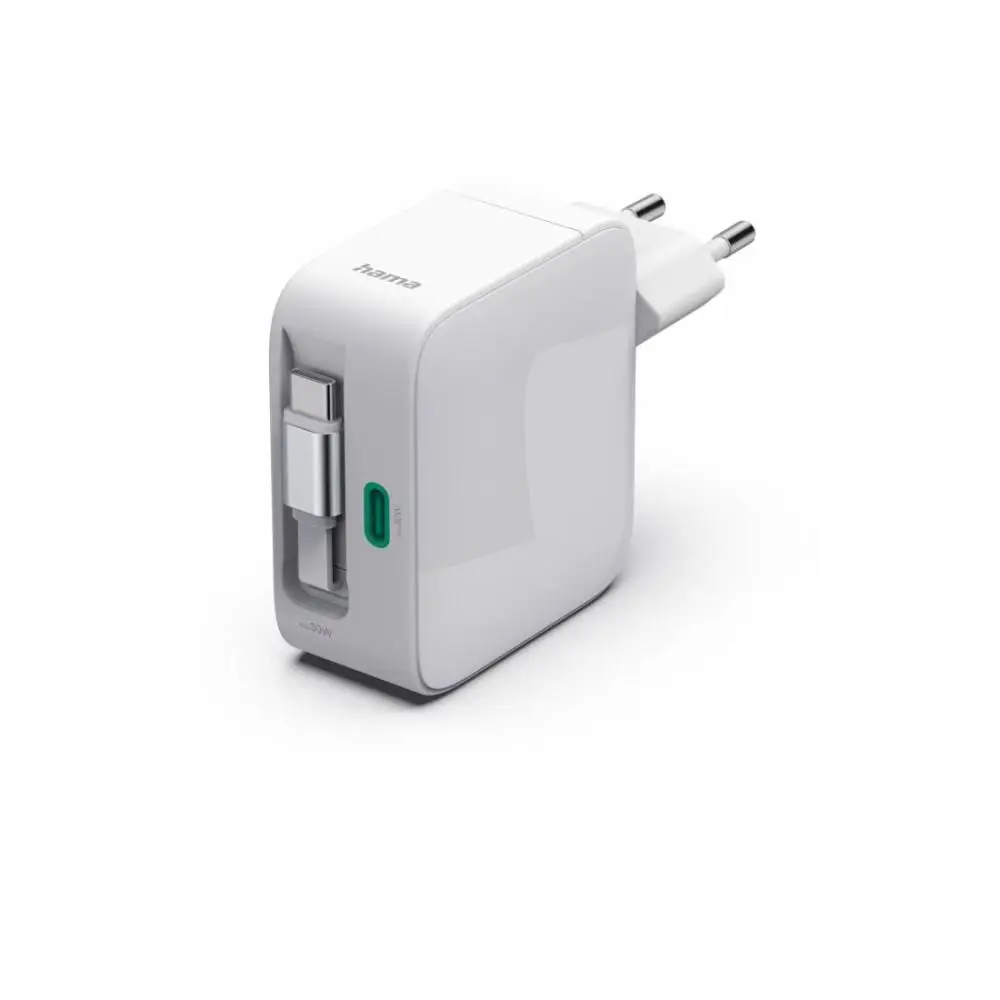 HAMA Бързо зарядно, 30 W, GaN, 2x USB-C, с разтегателен кабел 0.7м, бял