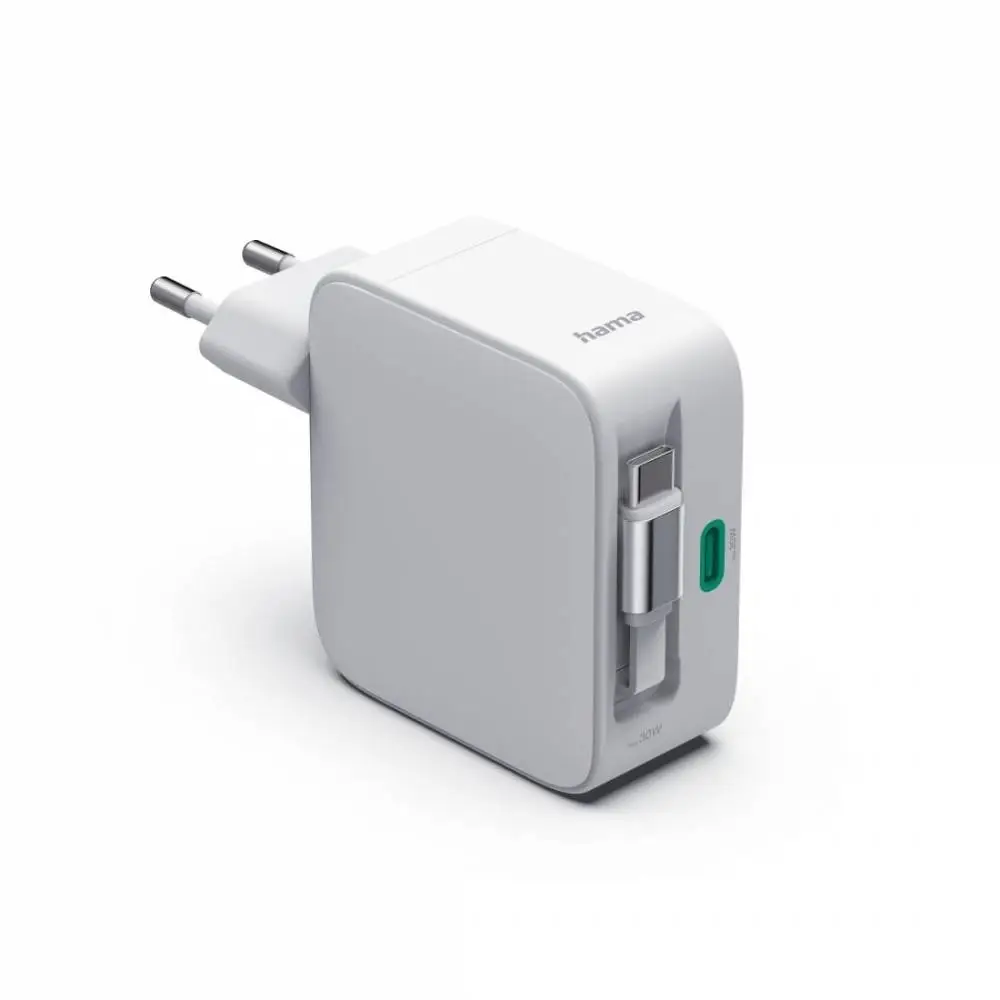 HAMA Бързо зарядно, 30 W, GaN, 2x USB-C, с разтегателен кабел 0.7м, бял
