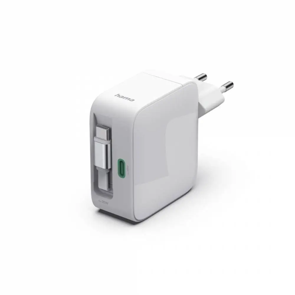 HAMA Бързо зарядно, 30 W, GaN, 2x USB-C, с разтегателен кабел 0.7м, бял
