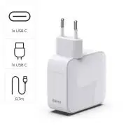 HAMA Бързо зарядно, 30 W, GaN, 2x USB-C, с разтегателен кабел 0.7м, бял