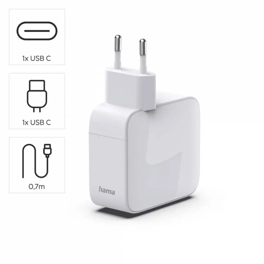 HAMA Бързо зарядно, 30 W, GaN, 2x USB-C, с разтегателен кабел 0.7м, бял