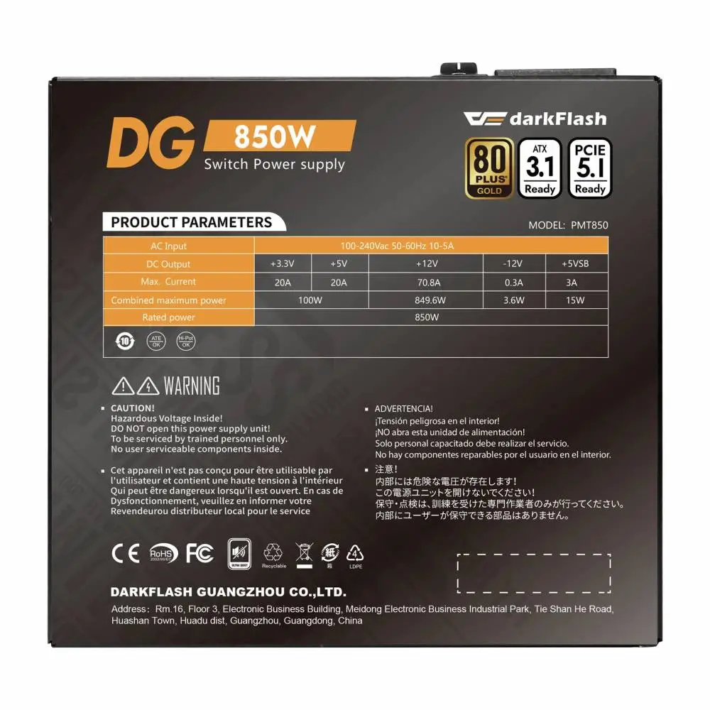 Захранване Darkflash DG850 PSU ATX 3.1 850W Gold, Full Modular