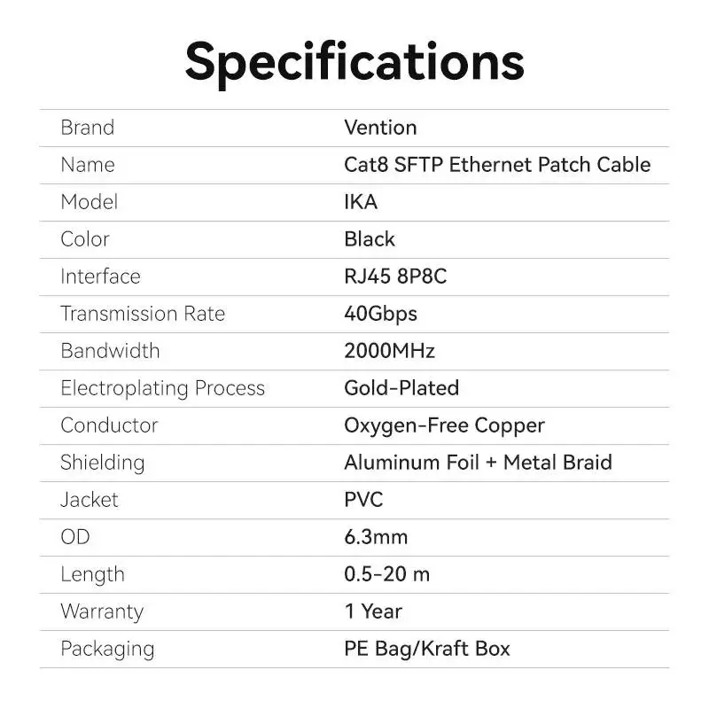 Vention Кабел LAN SFTP Cat.8 Patch Cable - 5.0M Black 40Gbps - IKABJ