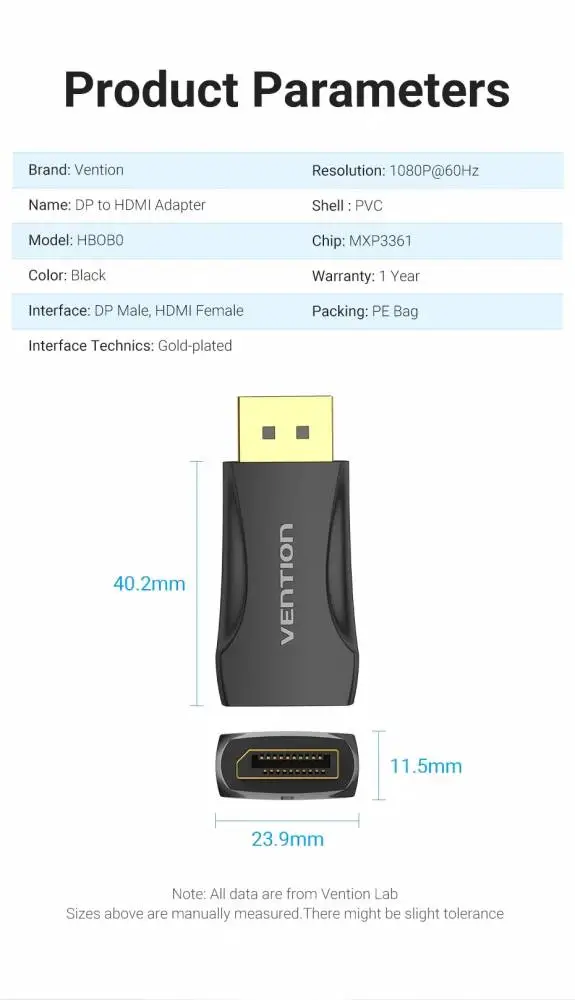 Vention адаптер Adapter DisplayPort DP M / HDMI F Gold plated - HBOB0