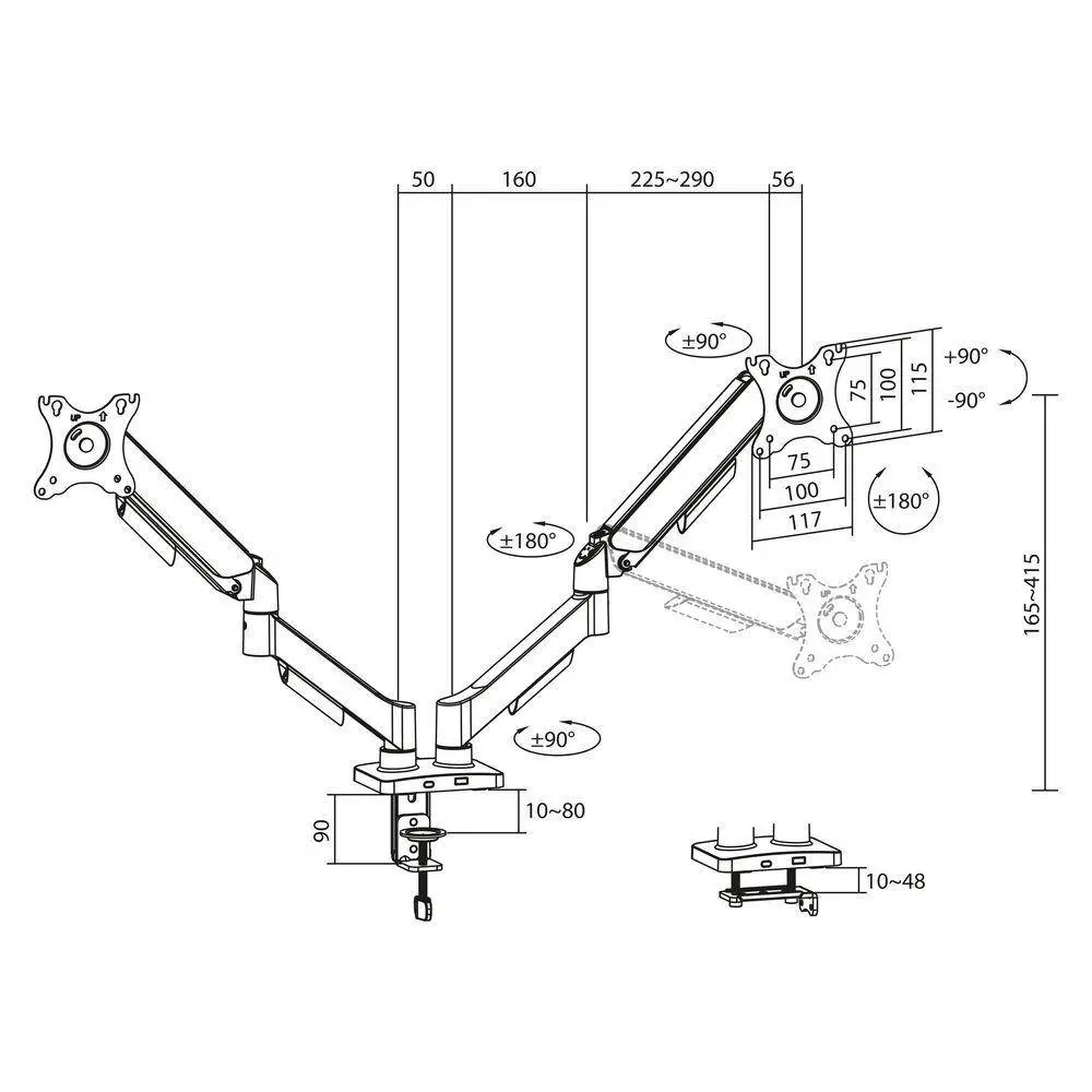 ACT Стойка за 2 бр. монитора за бюро AC8314, Регулируема, 17" - 34", 9 кг, газова пружина