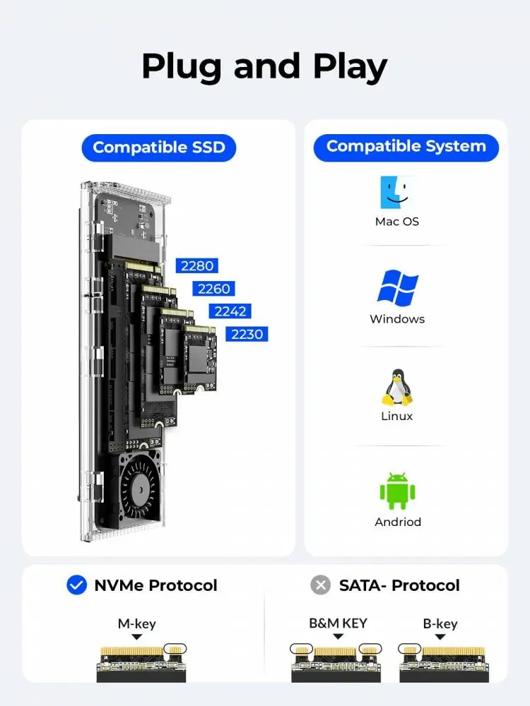 Orico външна кутия за диск Storage - Case - M.2 NVMe M key - 40Gbps, USB-A/USB-C - TCM2-U4-BK-BP