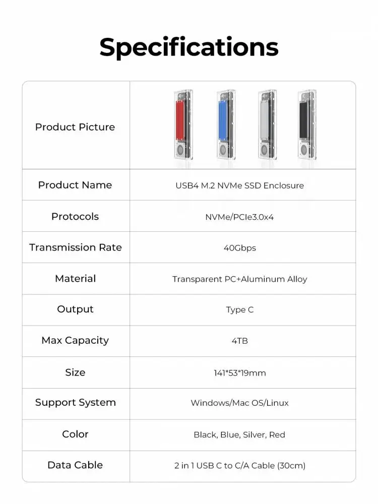 Orico външна кутия за диск Storage - Case - M.2 NVMe M key - 40Gbps, USB-A/USB-C - TCM2-U4-BK-BP