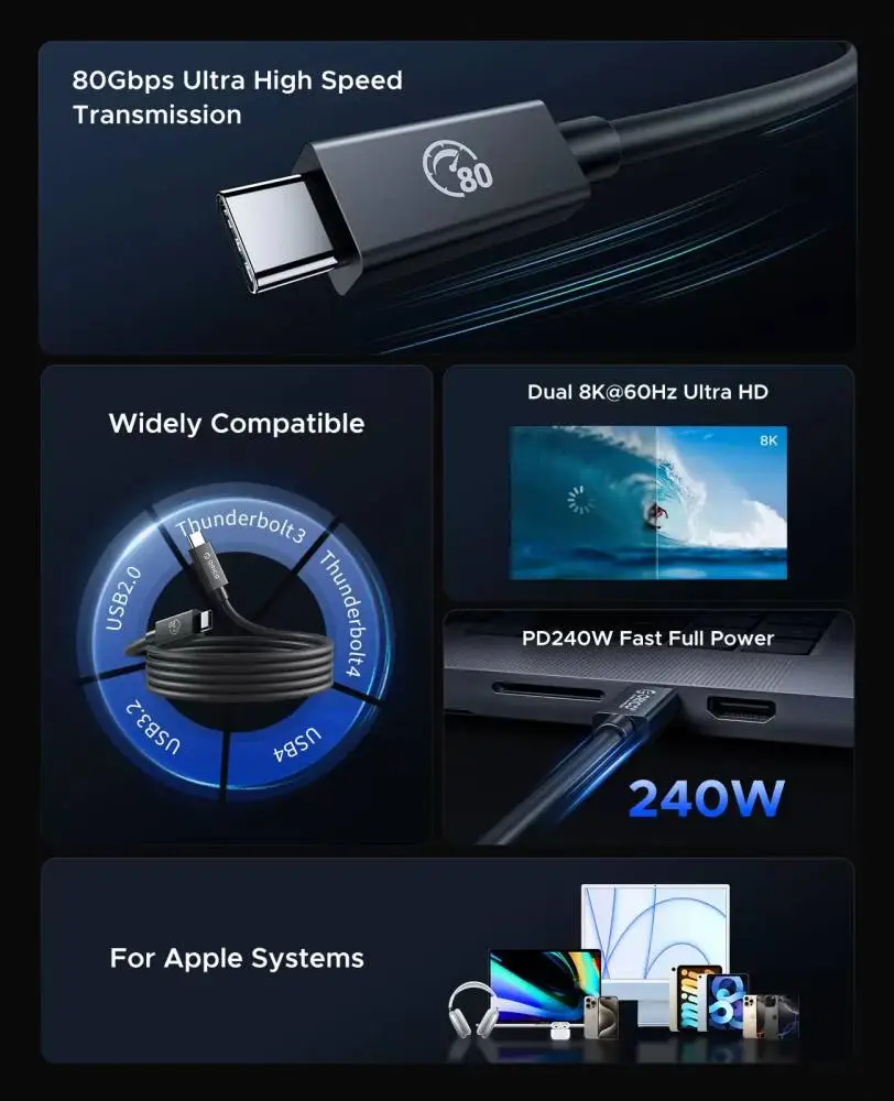 Orico кабел Cable Thunderbolt 5 / USB4 - USB-C 80Gbps PD240W 1m Black - TBZ5-10-BK
