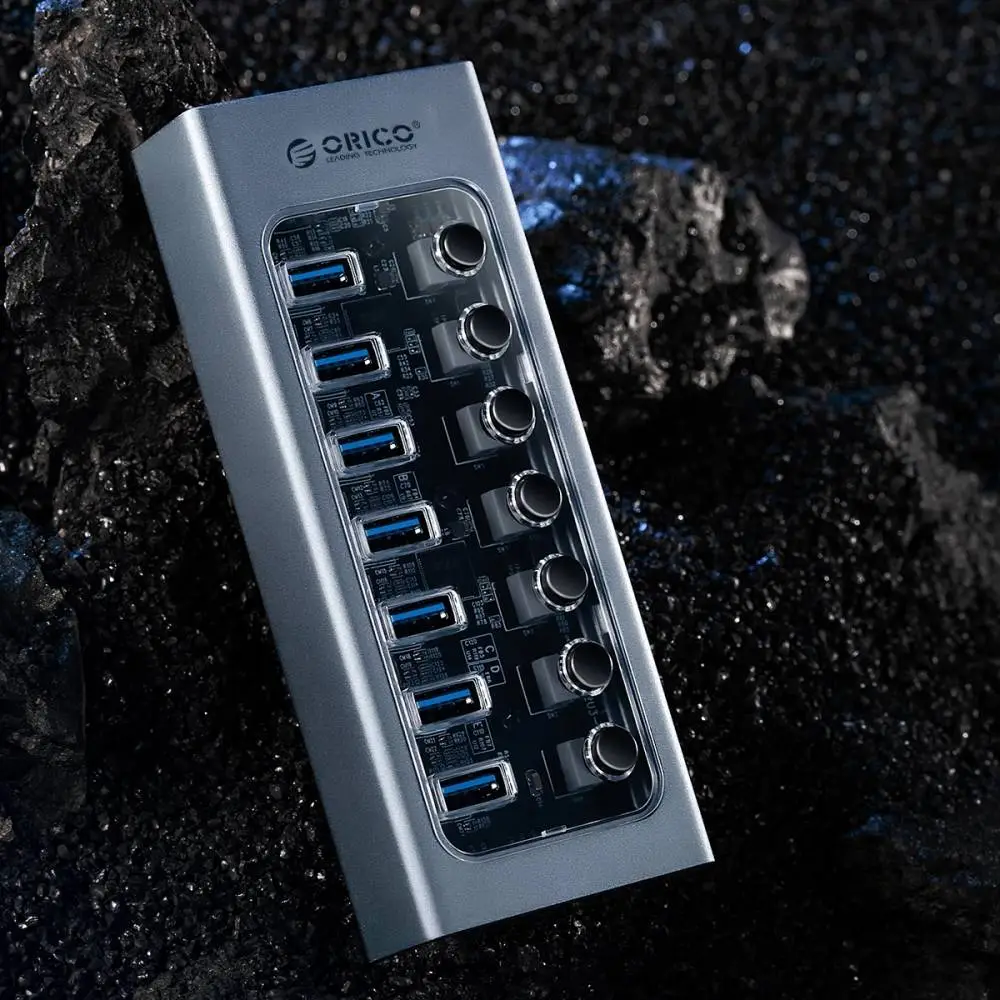 Orico хъб USB3.0 HUB 7 port with Power Adapter, On/Off buttons, Aluminium - AT2U3-7AB-EU-GY