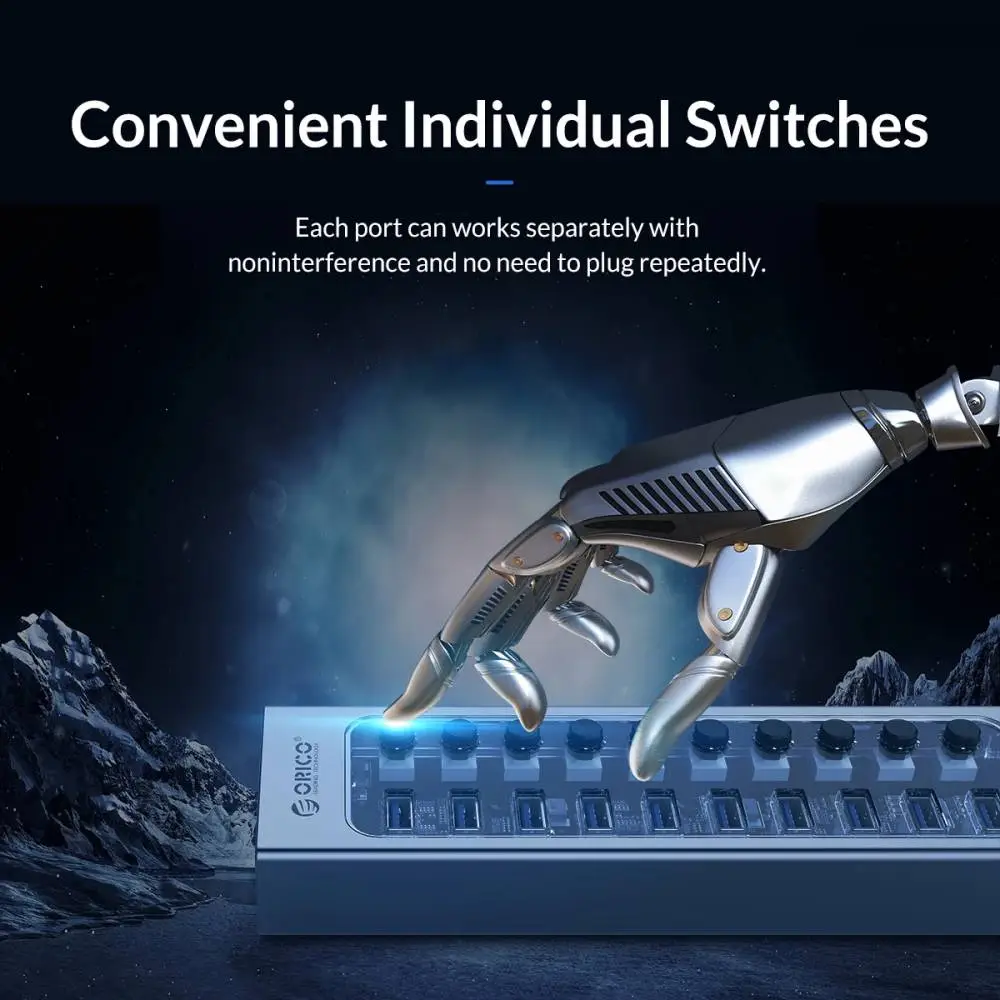 Orico хъб USB3.0 HUB 7 port with Power Adapter, On/Off buttons, Aluminium - AT2U3-7AB-EU-GY