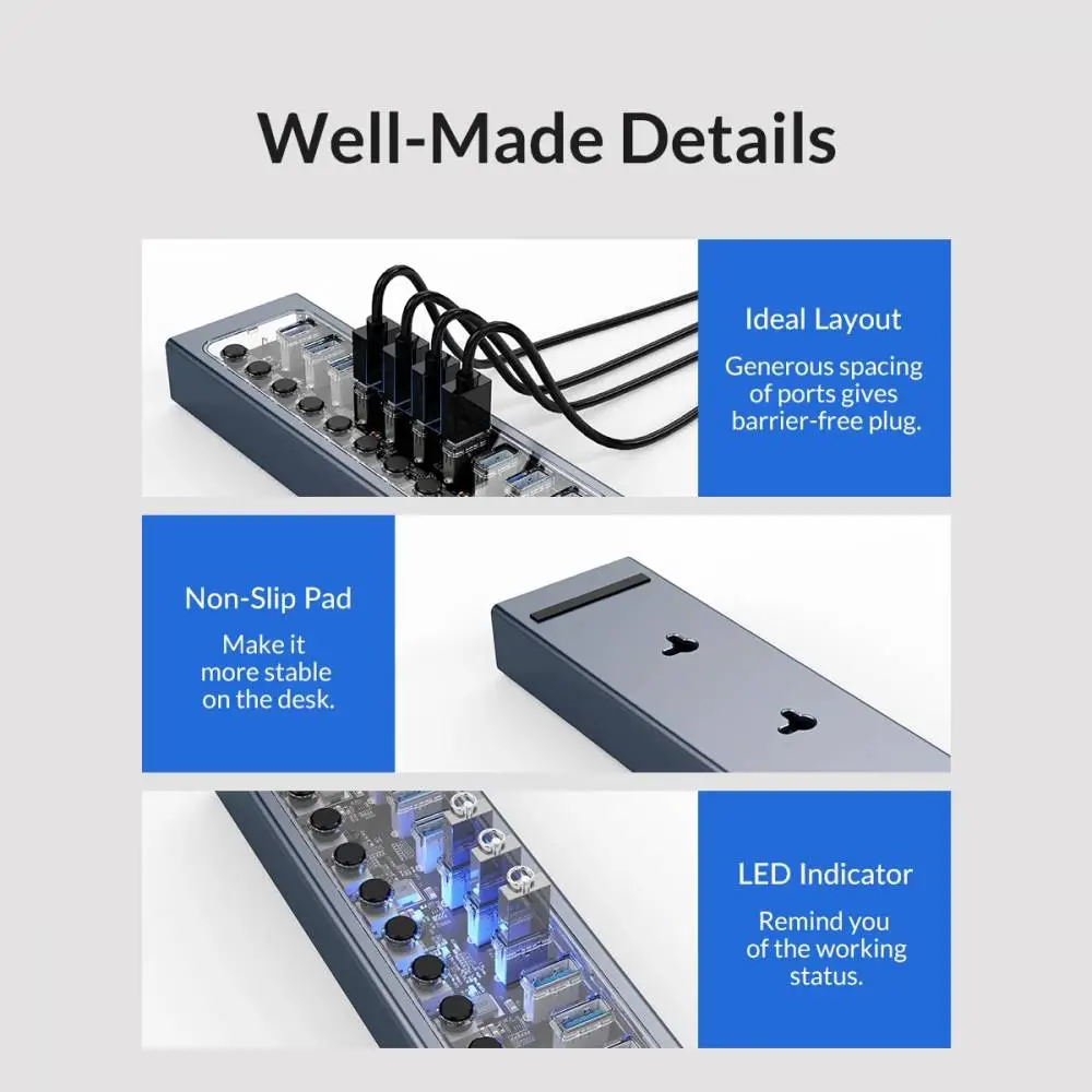 Orico хъб USB3.0 HUB 7 port with Power Adapter, On/Off buttons, Aluminium - AT2U3-7AB-EU-GY