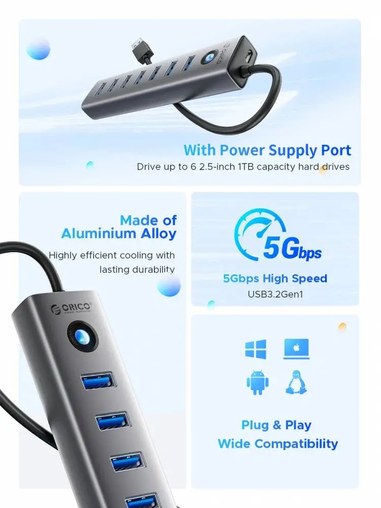 Orico хъб USB3.0 HUB 7 port Black - CL7U-U3-10-GY-BP
