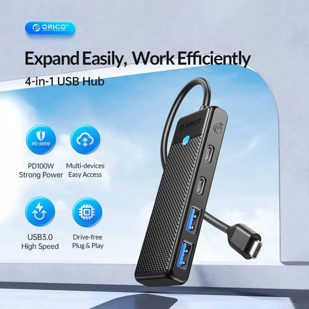Orico хъб USB3.1 HUB Type-C - 2 x USB3.0, 2 x USB-C - PAPW2AC-C3-05-BK-EP