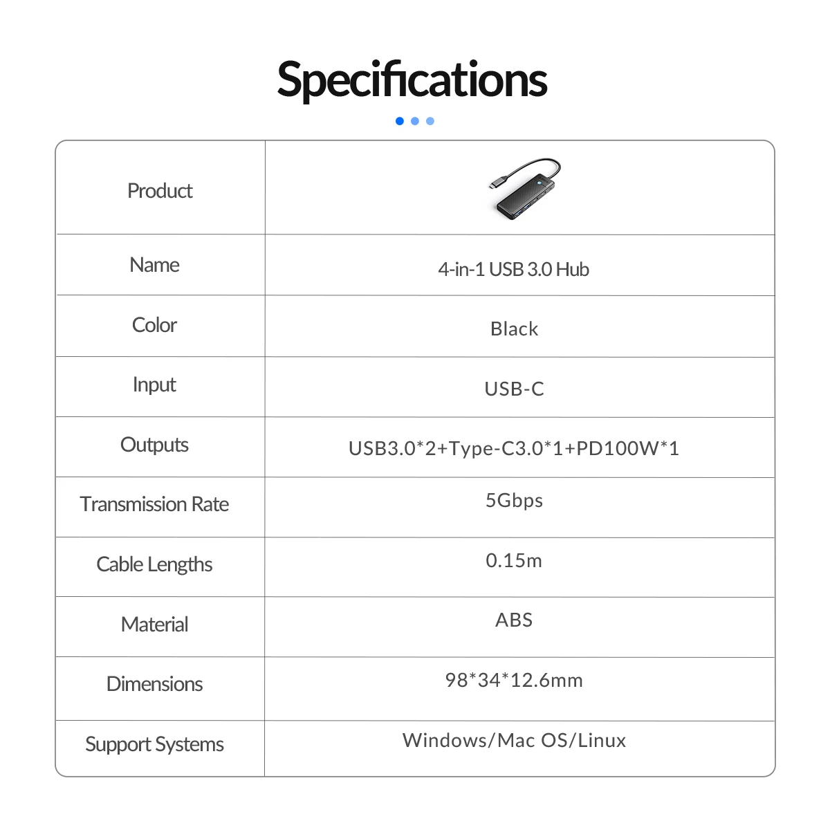 Orico хъб USB3.1 HUB Type-C - 2 x USB3.0, 2 x USB-C - PAPW2AC-C3-05-BK-EP