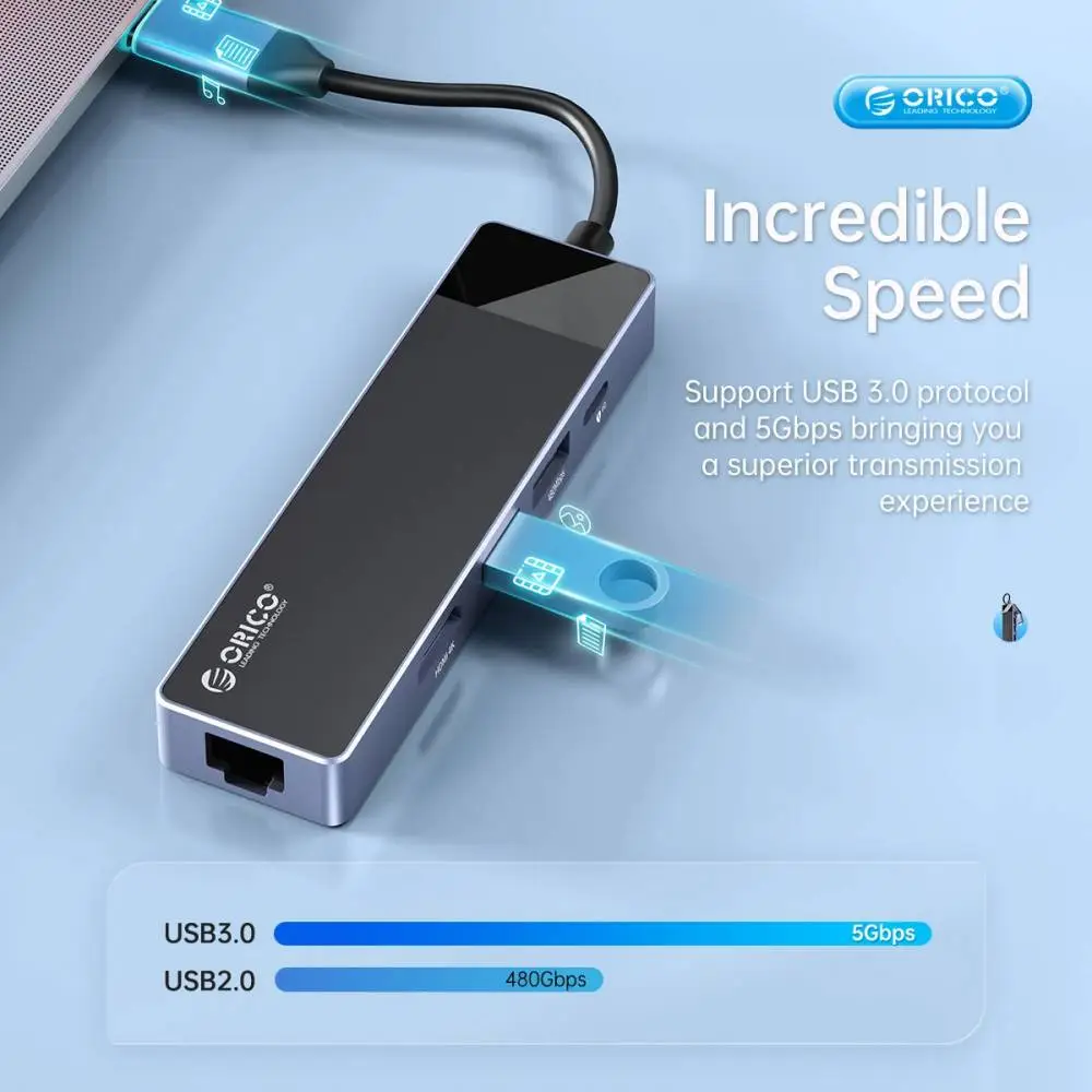 Orico докинг станция Docking Station Type-C - DM-10P-BK-BP - HDMI, USB-C, USB-A x 4, PD100W x 1, LAN (1Gbps), SD/TF
