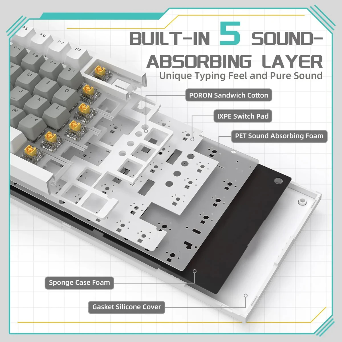 Геймърска механична клавиатура Ajazz Gaming Mechanical Keyboard AK820 - Mille feuille Yellow Switches [Linear] (English US), White Gray, White Light