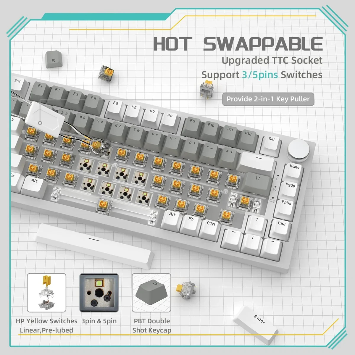 Геймърска механична клавиатура Ajazz Gaming Mechanical Keyboard AK820 - Mille feuille Yellow Switches [Linear] (English US), White Gray, White Light