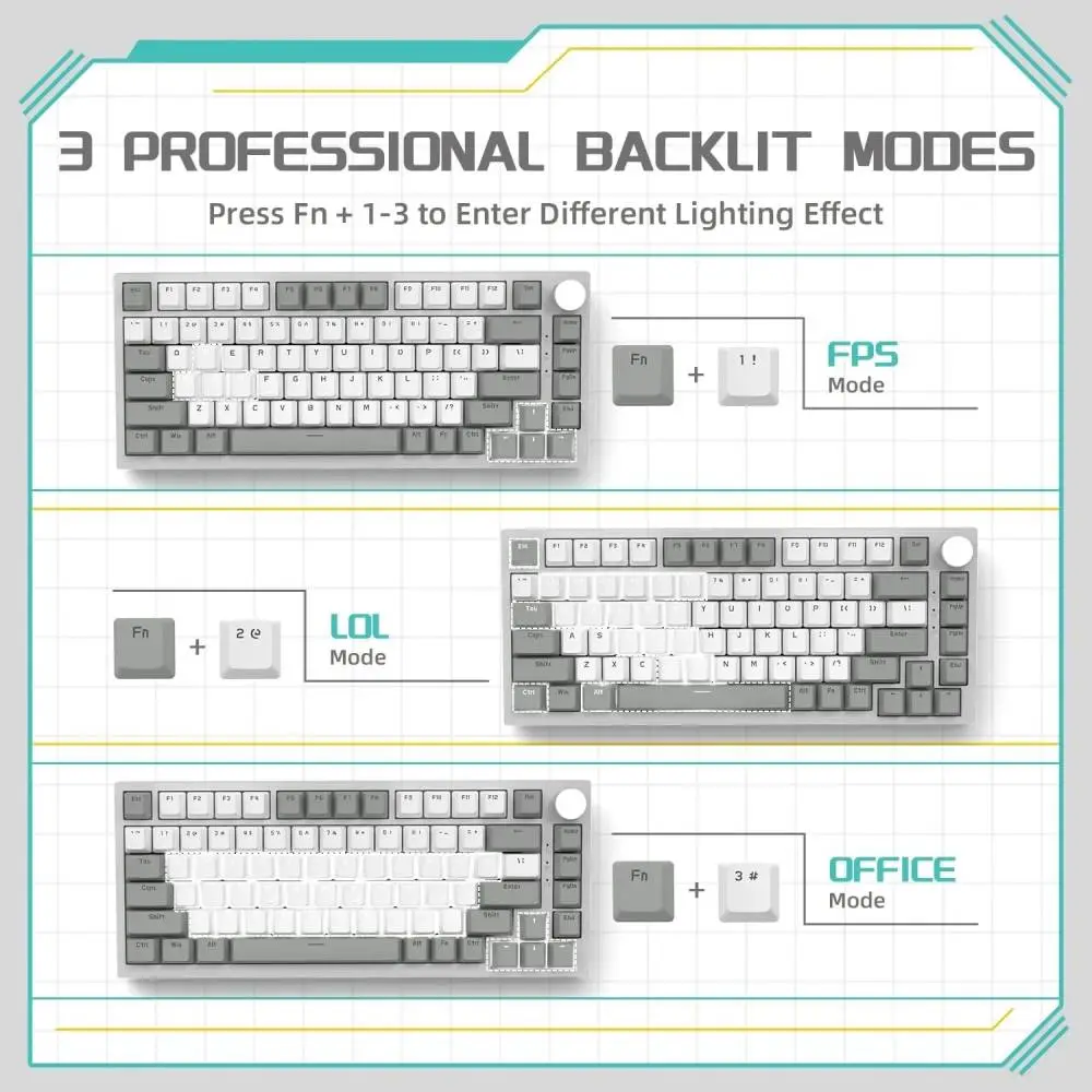 Геймърска механична клавиатура Ajazz Gaming Mechanical Keyboard AK820 - AS Red Switch [Linear] (English US), Gray White, White Light