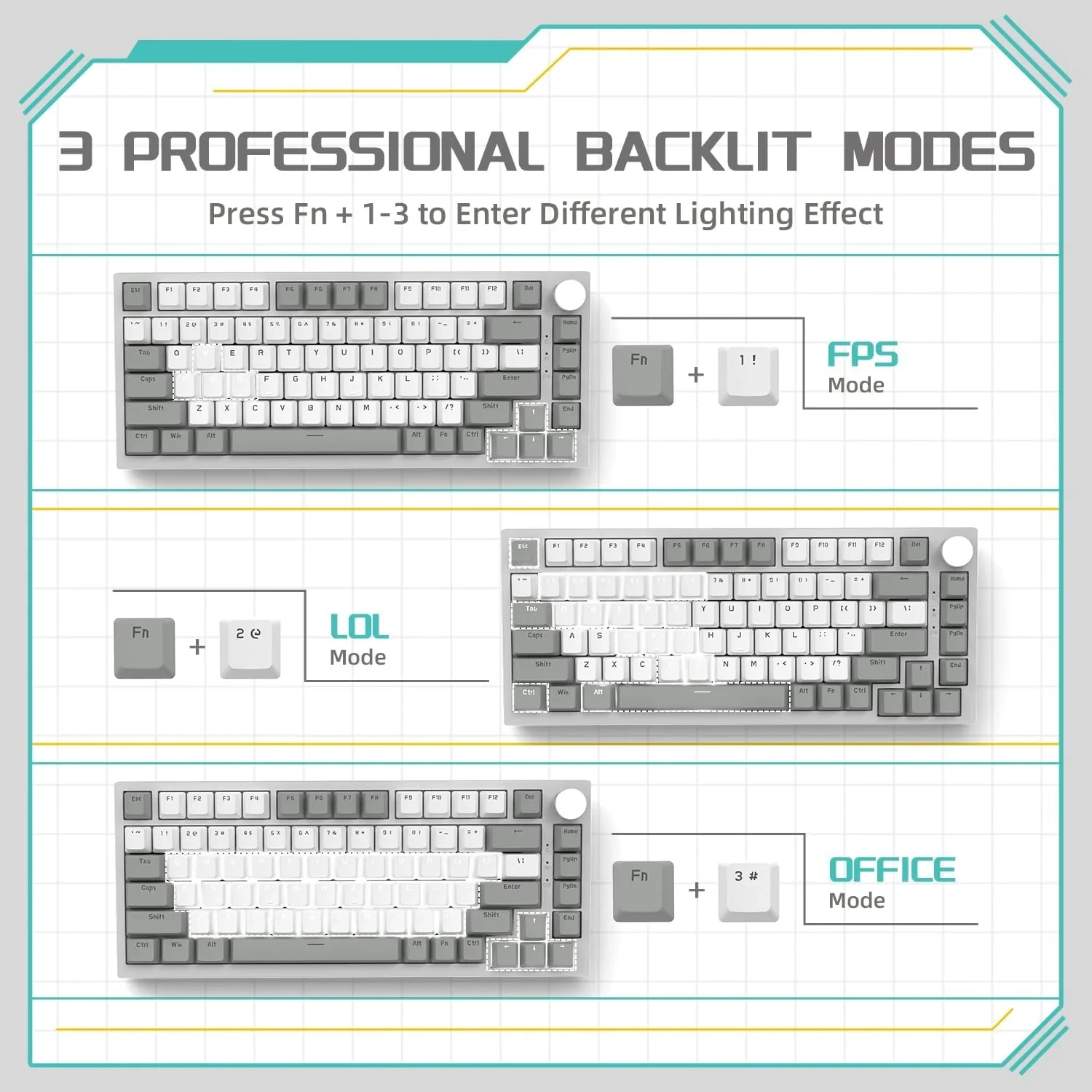 Геймърска механична клавиатура Ajazz Gaming Mechanical Keyboard AK820 - AS Red Switch [Linear] (English US), Gray White, White Light