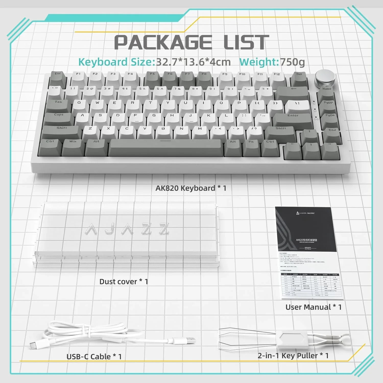 Геймърска механична клавиатура Ajazz Gaming Mechanical Keyboard AK820 - AS Red Switch [Linear] (English US), Gray White, White Light