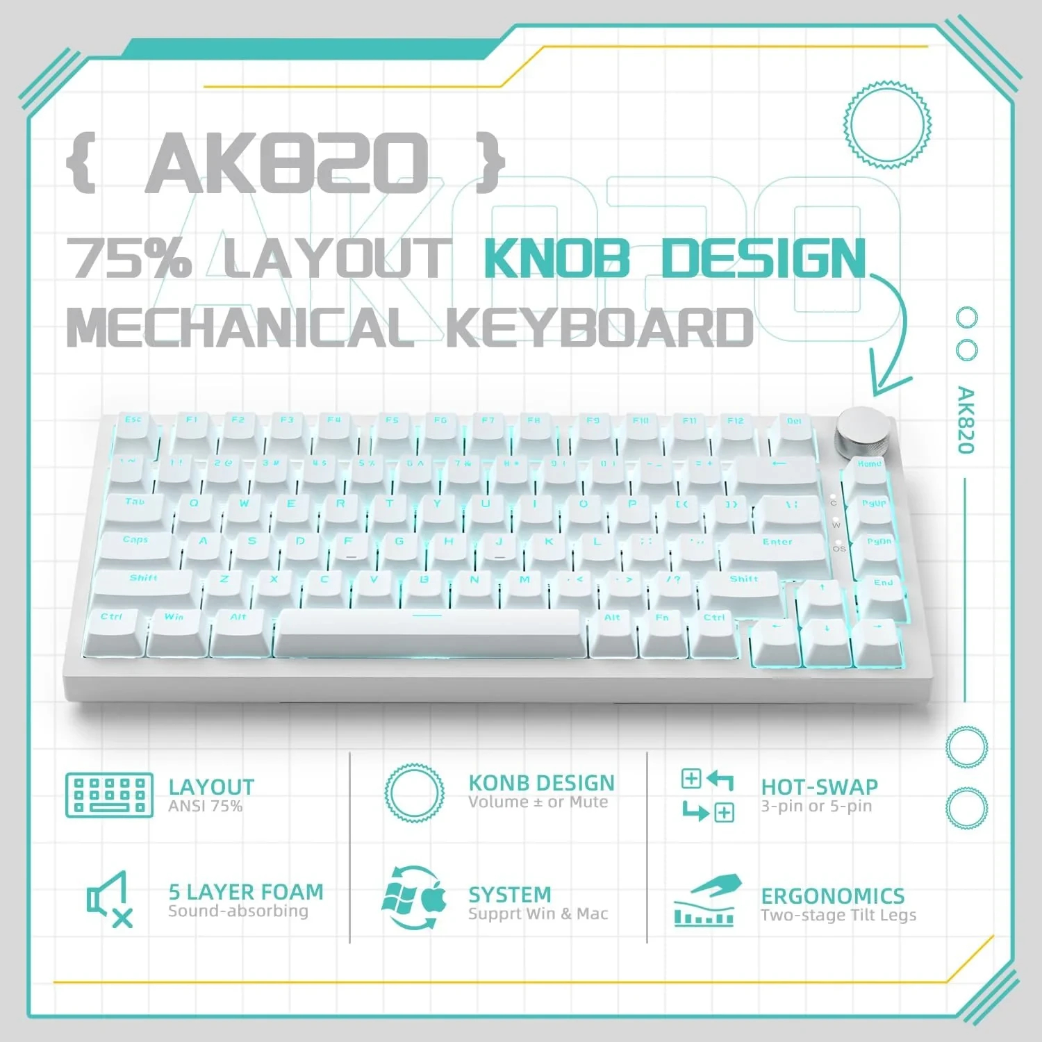 Геймърска механична клавиатура Ajazz Gaming Mechanical Keyboard AK820 - Blue Switches [Tactile] (English US), White, Blue Light