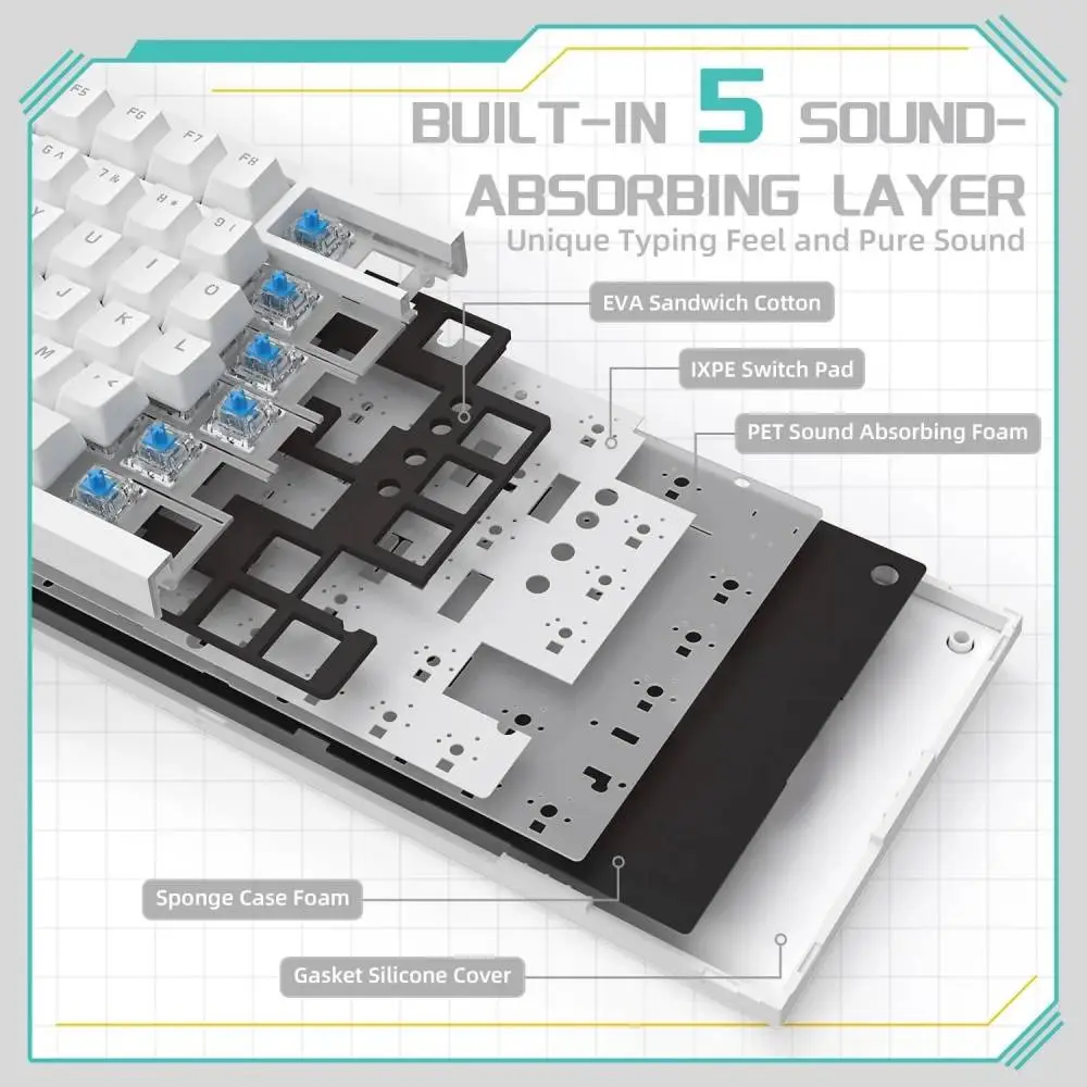 Геймърска механична клавиатура Ajazz Gaming Mechanical Keyboard AK820 - Blue Switches [Tactile] (English US), White, Blue Light